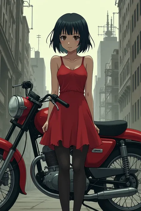 Stylized, anime-inspired illustration featuring a young woman with short, dark hair and a pale complexion. She has a serious expression. She is wearing a red dress with a tattered hem and black stockings. The background depicts an urban setting with muted ...