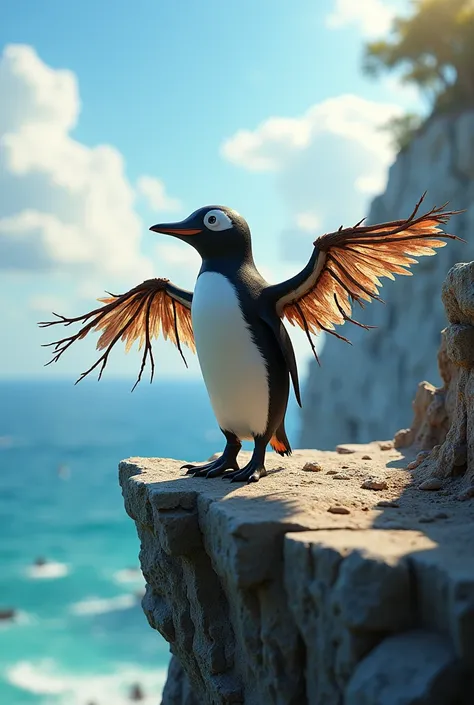 Pingo the penguin on a cliff, with open wings made of branches and feathers, about to jump.