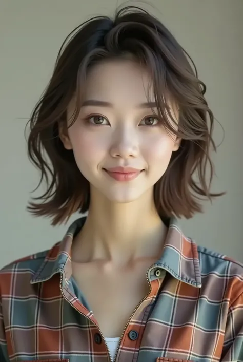 jeans、Plaid shirt、Pump、Delicate face、Delicate lips、Delicate eyes、Smooth and radiant skin、The only person、18 years old Chinese girl、pretty、Beautiful、Meet Chinese male beauty standards、Big eyes、Oval face、White skin、Forward facing、Light makeup、Brown hair colo...