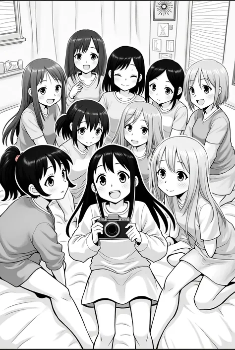 create a black and white manga-style drawing that features eight Different girls taking a photograph among happy friends