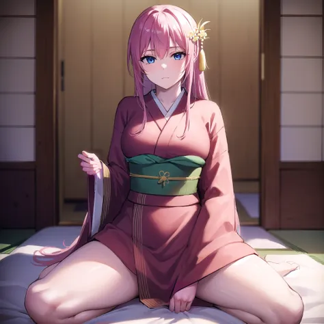 kayosudou, kayo sudou, blue eyes, pink hair, long hair, BREAK flower, hair ornament, cowgirl position sex, pov, pov sex, spread legs, vaginal sex, vaginal penetration, green sash, japanese clothes, kimono, obi, red kimono, sash, BREAK looking at viewer, BR...