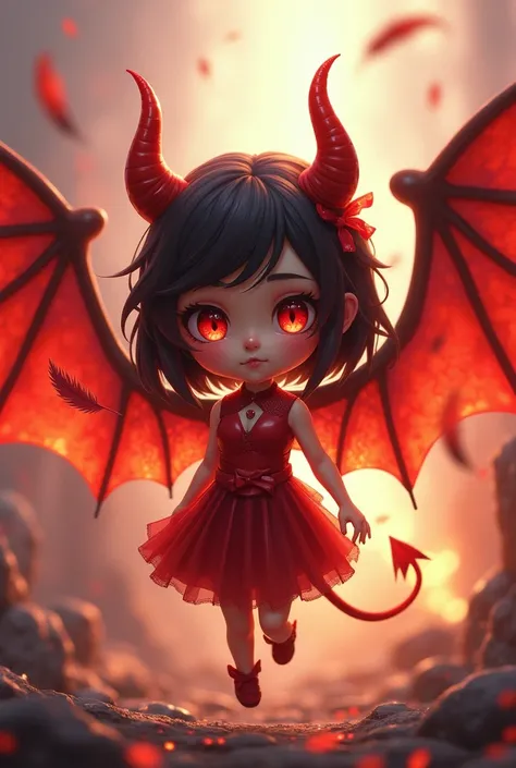 fantasy magical chibi girl, ultra realistic with beautiful symmetrical devil wings, intricate, highly detailed, extremely beautiful eyes, vibrant color, soft light, magical, highly detailed, sharp focus, feathers floating , Fun, Whimsical, Childlike, high ...