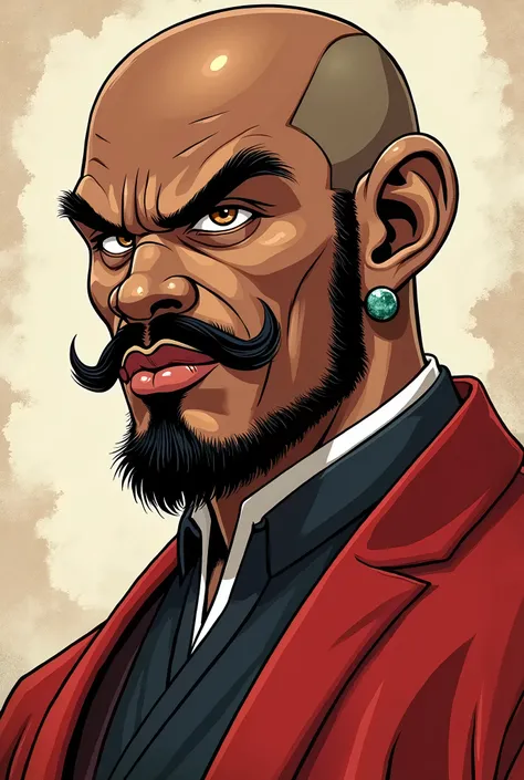 Wukong,manga-style, portrait, front face, black man, thin mustache, Big Lips, bald,