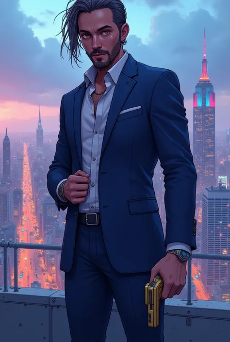 cybanime, a modern-day mafia boss standing on a rooftop overlooking the city skyline at night. he is wearing a slim-fit navy blu...