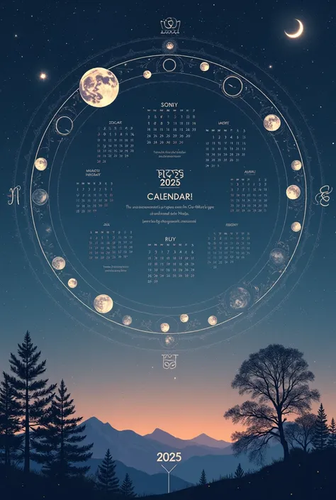 Can you create a unique 2025 calendar design for me?, that has a section to put the lunar stations, horoscope 