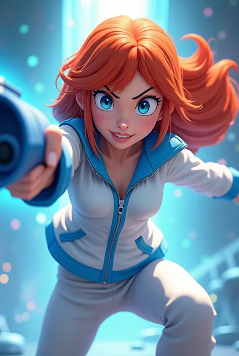 Aus Disneys Infinity-Anime-Style : Kimberly Ann Possible in Cool Evil combat mode with blue weapon in a mini-fight, orange hair, White Jacket Blue Anime Zipper White Pants 