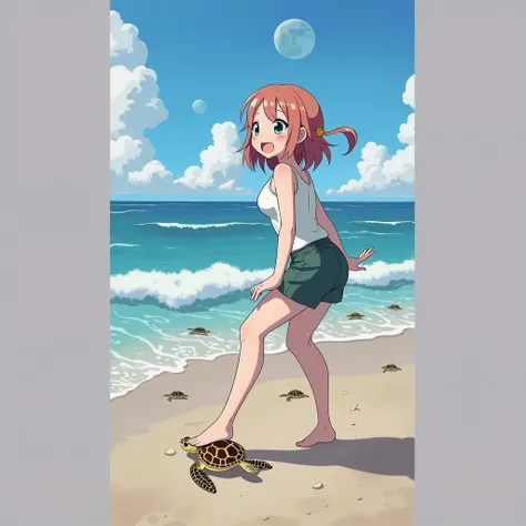 Beach、Cute Uraraka and Ochako、(Swimsuit)and crushes the baby sea turtles at his feet.。She looked surprised、Staring at your feet。The turtle is small、There is a turtle under her shoe。
Stomp on a turtle　Put your foot on the turtle　Crush a turtle with your foo...