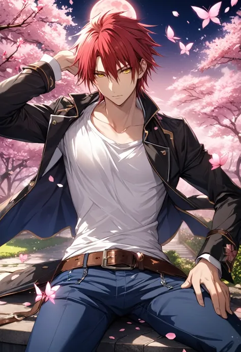 absurdres, highres, ultra detailed, HDR, master piece, best quality, detailed eyes, detailed face, Suoh Mikoto, red hair, expressive yellow eyes, K Project, fantasy, magical, solo, sexy man, adult face, handsome, sensual, adult, black jacket with black fur...