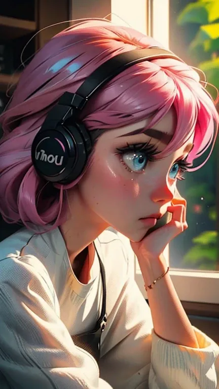 upper body a young girl with pink hair and blue eyes. she is wearing a pair of black headphones with a green logo on the side. the girl is sitting in a room with a window and a shelf in the background. she has a thoughtful expression on her face and her ha...