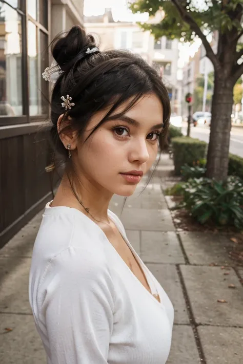 girl, solo, looking at viewer, black hair, hair ornament, brown eyes, outdoors, hair bun, lips, realistic, white pants, nose