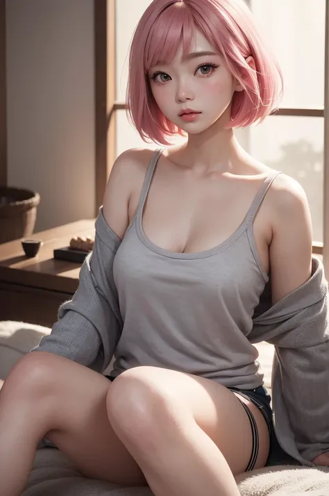 Beautiful Japanese girl with pink hair. Bob cut. Loose perm, half open mouth, open legs, grey camisole, exquisite detail, stunning portrait, highly detailed, realistic, photorealistic, 8K, ultra detailed, masterpiece, cinematic lighting, dramatic colors, v...