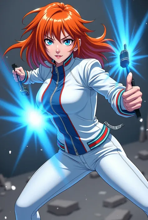 Aus Disneys Infinity-Anime-Style : Kimberly Ann Possible Cool Evil with blue weapon in mini-fight, orange hair, White Jacket Blue Zipper White Pants 