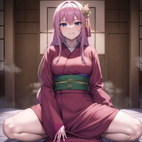 kayosudou, kayo sudou, blue eyes, pink hair, long hair, tongue out, horny, BREAK flower, hair ornament, cowgirl position sex, nsfw, pov, pov sex, spread legs, sweat, steam, pink pubic hair,  pubic hair, vaginal sex, vaginal penetration, green sash, japanes...