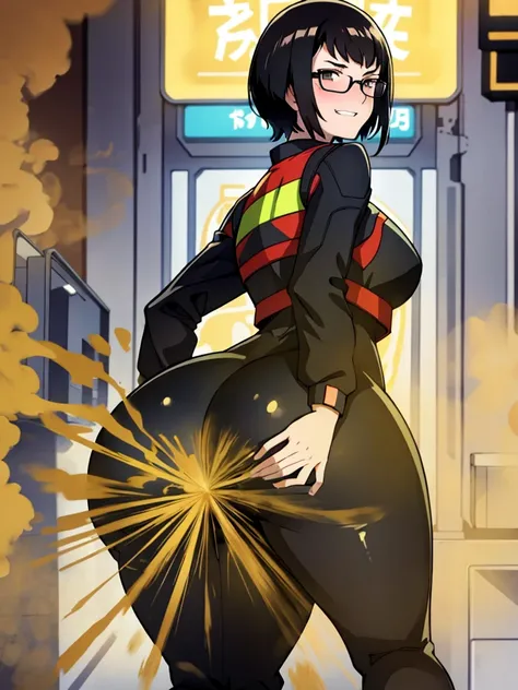 solo,1girl,black hair , brown eyes, hair bang, short hair, pale skin, glasses, wearing jumpsuit, neon suit, massive fart, farting, blush, viewing ass, relieved face, smirking, clenching teeth, alone in an amusement park