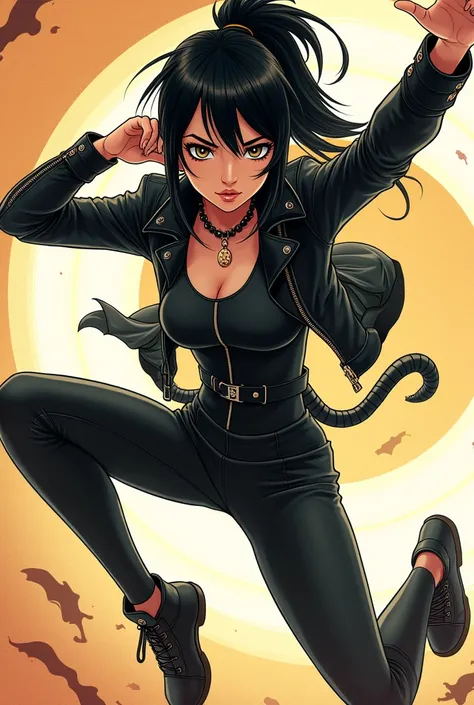 From Disney Tomago GoGo Kung Fu Tricks Evil Cool black jacket with zipper and black pants in Infinity Anime Style 