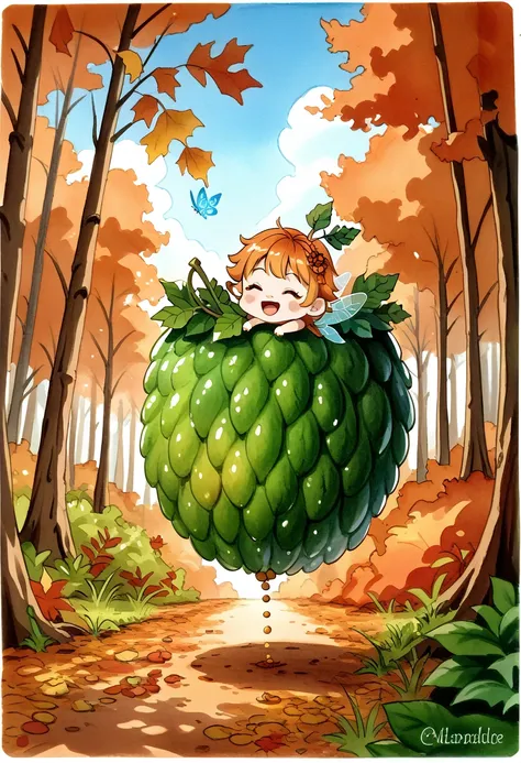 (masterpiece, best quality, ultra-detailed:1.2), watercolor, hyper detailed, fine line drawing,
1fairy, chibi, autumn, (a giant ...