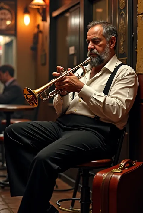 Spanish trumpeter, calvo, 47 years old, two-day beard, stocky body, dressed in black pants, white shirt and suspenders. Reclining on stool, while holding a lacquered Selmer trumpet in his hands, looking at her thoughtfully. He&#39;s in a jazz club in New O...