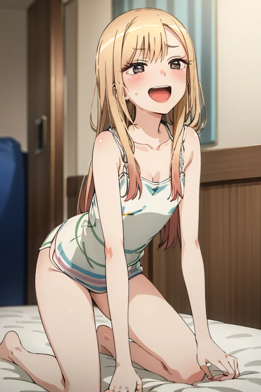 ((Best Quality)), ((masterpiece)), (be familiar with), Perfect Face, indoor, bedroom, Watching the audience,
One woman, Kitagawa Marin,
Open Mouth, Ecstatic expression, blush, smile,
Small breasts, Flat Chest, , , child, Girl,
Long Hair, Long Hair,
Leg spr...