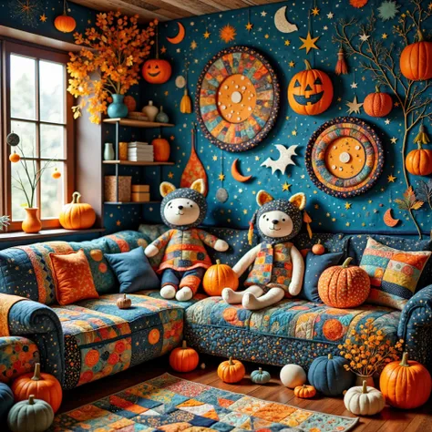 (masterpiece, best quality:1.2), Decorate your room in Scandinavian style with Halloween decorations made of patchwork quilts, Stylish Halloween party room, Stuffed animals in Halloween costumes,handmade style