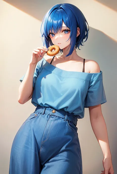 Beautiful girl with blue hair eating a donut　Short hair　The background is simple white