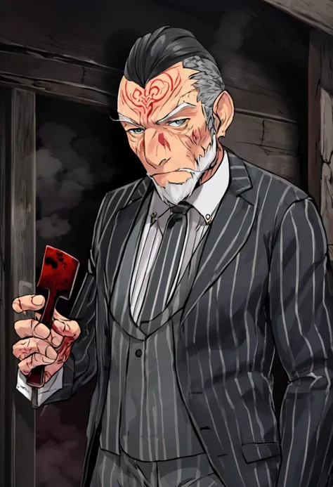 a grizzled old man, muscular, age 50, gray roots, oily black hair dye, many small scars, heavily tattooed below the neck (dragons), in an pin striped tuxedo. He is carrying a bloody hatchet. He has several toughs with him.
