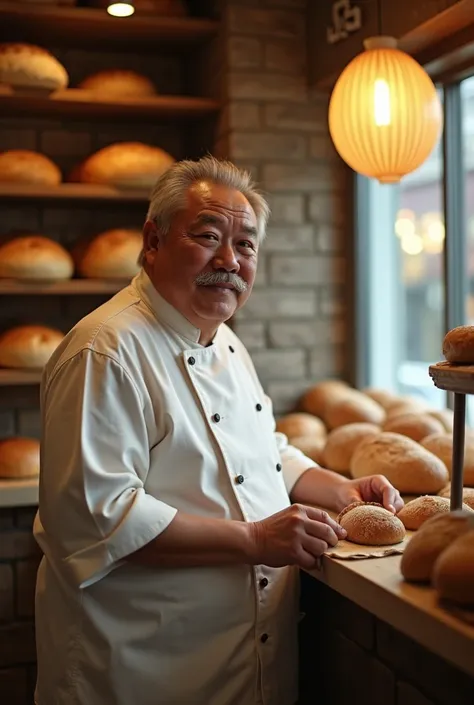 60 years old、Japanese、male、Obese、Baker、Handmade bakery、Inside the store、Freshly baked bread on shelves、Happy face、A fine moustache、White chef uniform、The soft light of an incandescent lamp、Warm light coming through the window、Photorealistic、photograph、35mm...