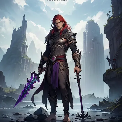 Masterpiece, fantasy art, epic high fantasy genre, HD, high resolution, high quality, best quality. "Warcraft aesthetic".
{{(A 5000-years-old barbarian wanderer:(handsome features. fair skin. Very long crimson-reddish hair. Lifeless Purple colored eyes. Cr...