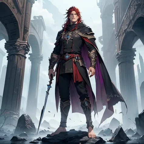 Masterpiece, fantasy art, epic high fantasy genre, HD, high resolution, high quality, best quality. "Warcraft aesthetic".
{{(A 5000-years-old wanderer:(handsome features. fair skin. Very long crimson-reddish hair. Lifeless Purple colored eyes. Crimson-red ...