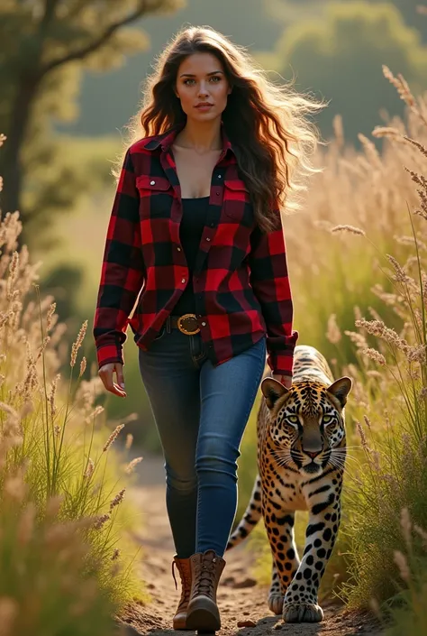 a super beautiful semi-fat woman with curly brown hair blowing in the wind wearing a red, black and white flannel shirt, tight jeans , boots , walking with a leopard among the weeds, exposed to sunlight , high quality, Photoreal , HD 8 k