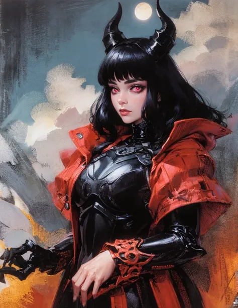 (best lighting) (best quality, masterpiece:1.2), (absurdres), 4k, (detailed eyes), (detailed face), alluring woman medieval armour and latex bodysuit with short black hair, blunt cut bangs and ((glowing pink eyes)). Horns and large bat wings. Curvy. Shes s...