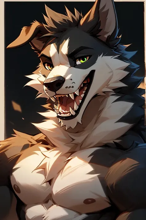 close up, bust pov, furry, anthro, were-border collie, were creature, werewolf and border collie crossed, fluffy border collie e...