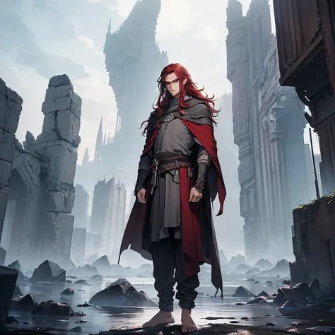 Masterpiece, fantasy art, sad high fantasy genre, HD, high resolution, high quality, best quality.
{{(A 5000-years-old wanderer:(handsome features. fair skin. Very long crimson-reddish hair. Lifeless Purple colored eyes. Crimson-red eyebrows. He stands 2,0...