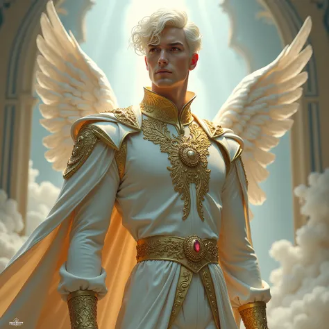 A prince of utopia, a very tall man, very white, by the intense ruby, looks like an angel, He is dressed in fine white trousers and a gold-adorned shirt.,HD model, high quality.