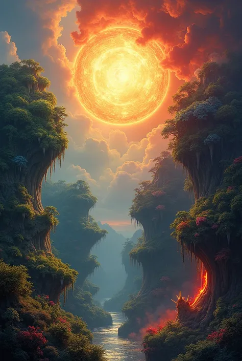 A mesmerizing, ultra-detailed fantasy art piece that showcases two realms - one of heavenly beauty and the other of hellish darkness. The scene is viewed from a space perspective, as if were looking down upon a world within a world. The heavenly realm is d...