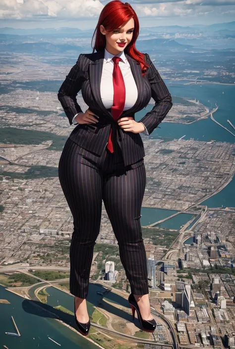 Young woman, giantess art, giga giantess in distance walking on through city, women with beautiful curves, massive thighs, red hair, lipstick, wearing a perfect  grey pinstriped trouser suit and blazer, crisp white shirt, and a large blade width Windsor kn...