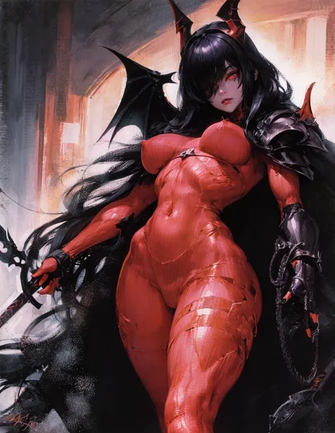 (best lighting) (best quality, masterpiece:1.2), (absurdres), 4k, (detailed eyes), (detailed face), alluring woman medieval armour and latex bodysuit with short black hair, blunt cut bangs and ((glowing pink eyes)). Horns and large bat wings. Curvy. Shes s...