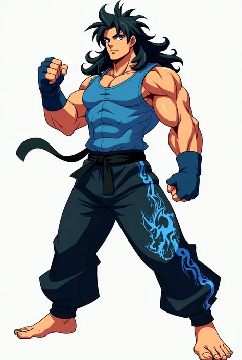 An image of a 20 year old adult male, handsome with blue eyes, very high, VERY MUSCULOUS and VERY ROBUST, with very long hair, full, black people, Disheveled, skewered. Wearing a blue tank top, a very long black TRACKSUIT with blue tribal wolf print on the...