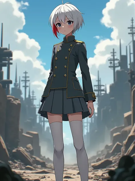 1boy, black eyes, full body, anime-style, battlefield, grey double-breasted military jacket, crossdressing, white hair with a red streak in the left of his hair, grey skirt, white stockings