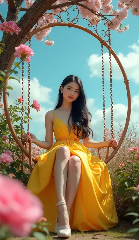 prompt
photography Art, medium closee-up, 
Taiwanese beautiful woman with long black hair, wearing a beautiful cocktail dress in yellow and pink, high heels, sit relaxed on the circular swing, intricate ironwork and beautiful aesthetics, there are vines an...