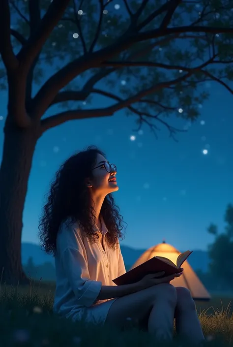 Woman sits on the grass reading a book, long black curly hair, wearing glasses, delicate smile, bright brown eyes, looking up at the sky, lamp light, whole body, under a huge tree, farther view, a tent in the background, starry sky, illuminated night, phot...