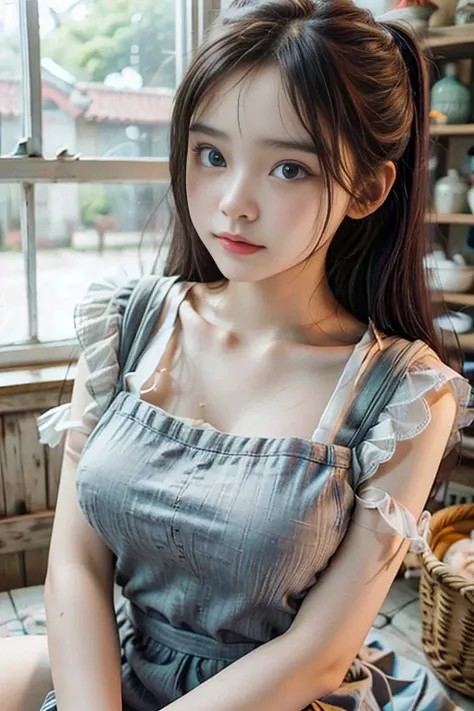 ultra high resolution, (realistic: 1.4), RAW Photo, The best quality, (fotorrealistic), focus, soft light, ((age 15)), (forehead, Young face))), (depth of field), (One piece), masterpiece, (Photoreal), Women, blows, (( apron, Hair over one eye, 1 girl)) si...