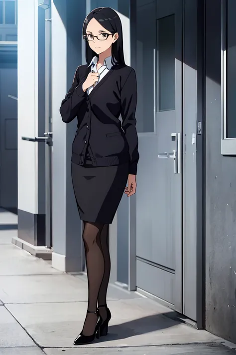 40 years old woman, long tied black hair, hazel eyes, glasses,elegant white shirt, black cardigan, pencil grey skirt, black pantyhose, heels, in the class, standing, whole body