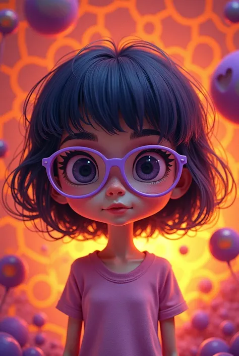 cartoon girl with glasses, purple, in the style of natalie shau, dark orange and red, junya watanabe, bill gekas, exquisite detail, psychedelic manga, 8k 3d --ar 35:64 --stylize 750 --v 6