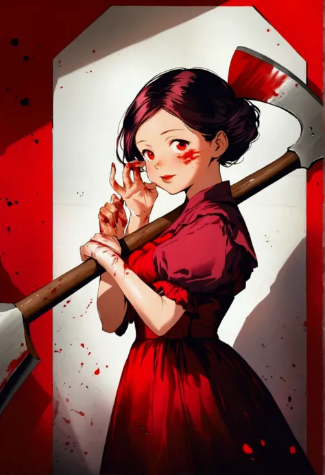 Create an image of a young woman wearing a vintage red dress, standing against a dark red background. She holds an axe over her shoulder with one hand, while the other hand is raised to her lips in a shh gesture, her expression calm but unsettling. Her han...