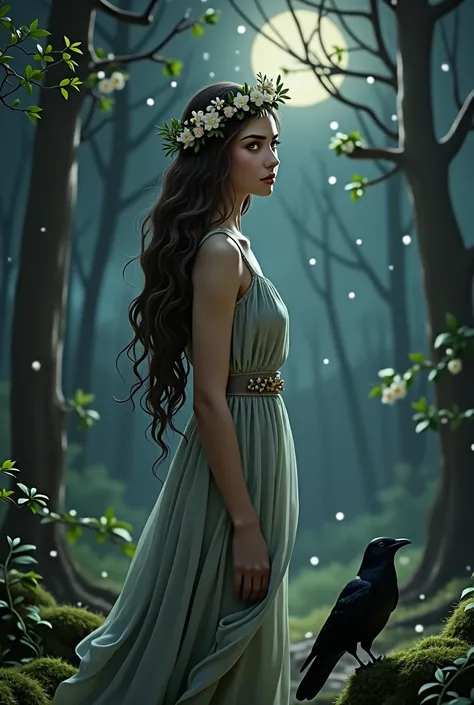  girl with long brown-black hair, green-eyed, in the forest at night. with a grey dress and a flower crown and accompanied by a crow. 