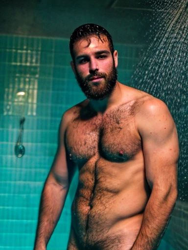 Turkish water polo player, green eyes, hairy chest, beard, confident, bulging briefs, very hairy chest, high resolution, nsfw ruggedly handsome, masterpiece, best quality, 1man, 4, naked, nude, nsfw, rough, (colored shower background), realistic, dramatic ...