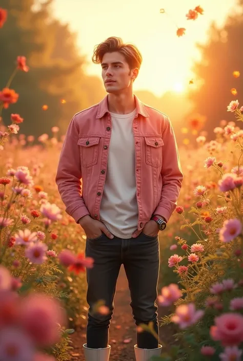 A realistic scene of a handsome 20-year-old boy standing in a vibrant flower garden during golden hour. Small, delicate flowers are gently falling around him. He is wearing a well-fitted pink denim jacket over a crisp white t-shirt, paired with black jeans...