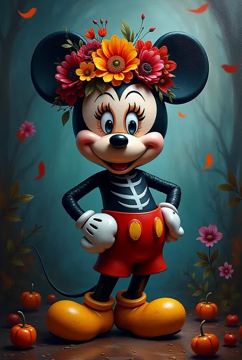 a painting of a Mickey Mouse with make up of Catrina, in the style of disney animation, 32k uhd, character caricatures, mysterious backdrops, lively tableaus --ar 4:5 --v 6.0 --s 500 