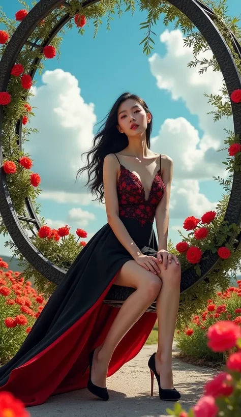 prompt photography Art, medium closee-up, Taiwanese beautiful woman with long black hair, wearing a beautiful A-line dress in black and red, high heels, sit relaxed on the circular swing, intricate ironwork and beautiful aesthetics, there are vines and bri...