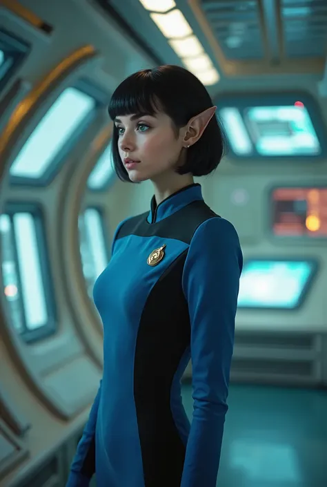 35mm film photography, A young Vulcan woman with pointy ears and short dark hair wearing a blue Starfleet uniform in a futuristic looking Star Trek starship interior